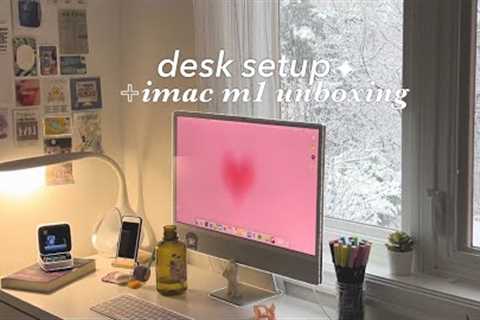 imac m1 unboxing + aesthetic desk setup 🍓🎧