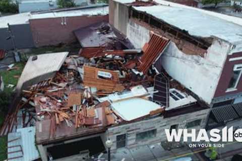 Drone video of storm damage in Paoli, Indiana after severe weather