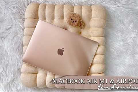 Macbook air m1 Gold & Airpods 3 unboxing and Accessories | ASMR | Aesthetic unboxing ♡
