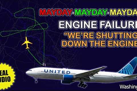 MAYDAY. Engine failure. Fuel dumping. United Boeing 777 returns to Washington. Real ATC