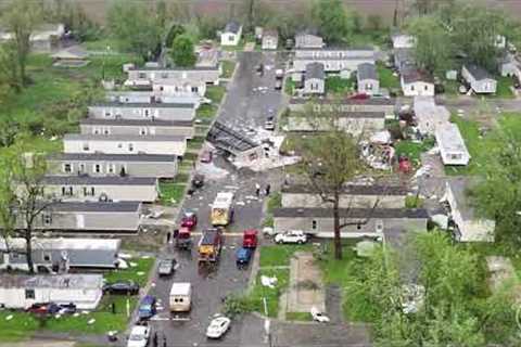 Drone footage of the tornado damage in Portage, Michigan.